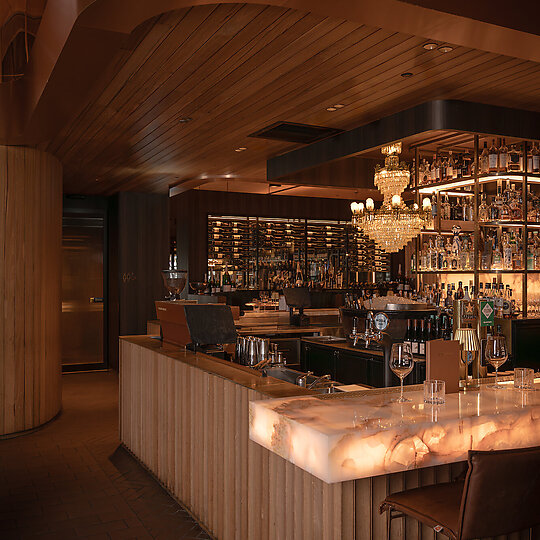 Interior photograph of Cru Bar and Cellar by Tom Blessing Studio